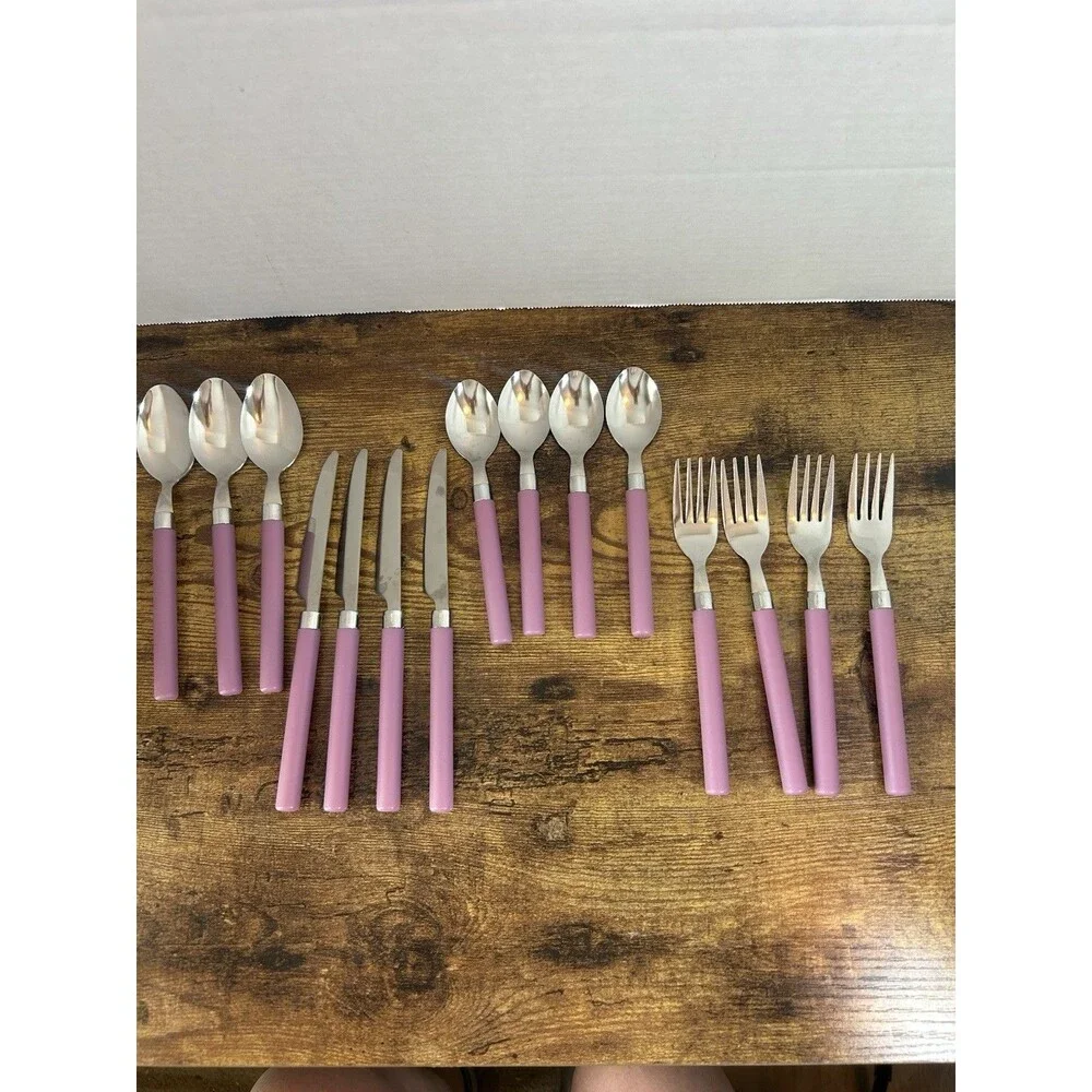 Vintage Style 15Pc Pink Flatware Set 1810 Stainless Steel Retro Mauve Handle Set